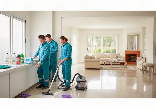 Equipo de limpieza profesional con uniforme realizando limpieza general en una vivienda amplia de Laguna Paiva, Santa Fe, con aspiradora y productos de limpieza sobre superficies claras